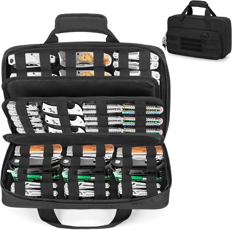 samdew Knife Display Bag for 74+ Pocket Knives, Butterfly Knife Storage Case with 3 Different Size Slots, Folding Knife Organizer Holder, Knife Collection Box with Hard PE Board, Soft Bag Only - Image 1